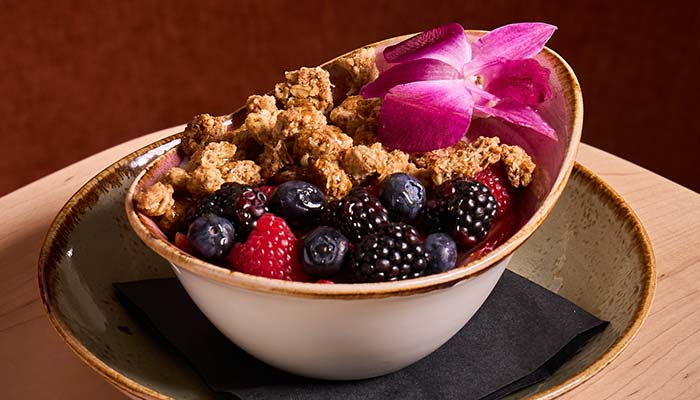 ERA Cafe in Waunakee, WI A bowl of granola, berries, and orchid—enjoy the best breakfast in Waunakee Wisconsin.